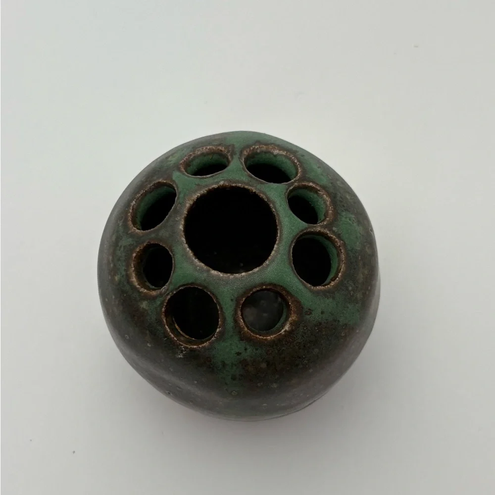 Vintage Signed Handcrafted Pottery Green and Brown Glaze Flower Frog/Vase